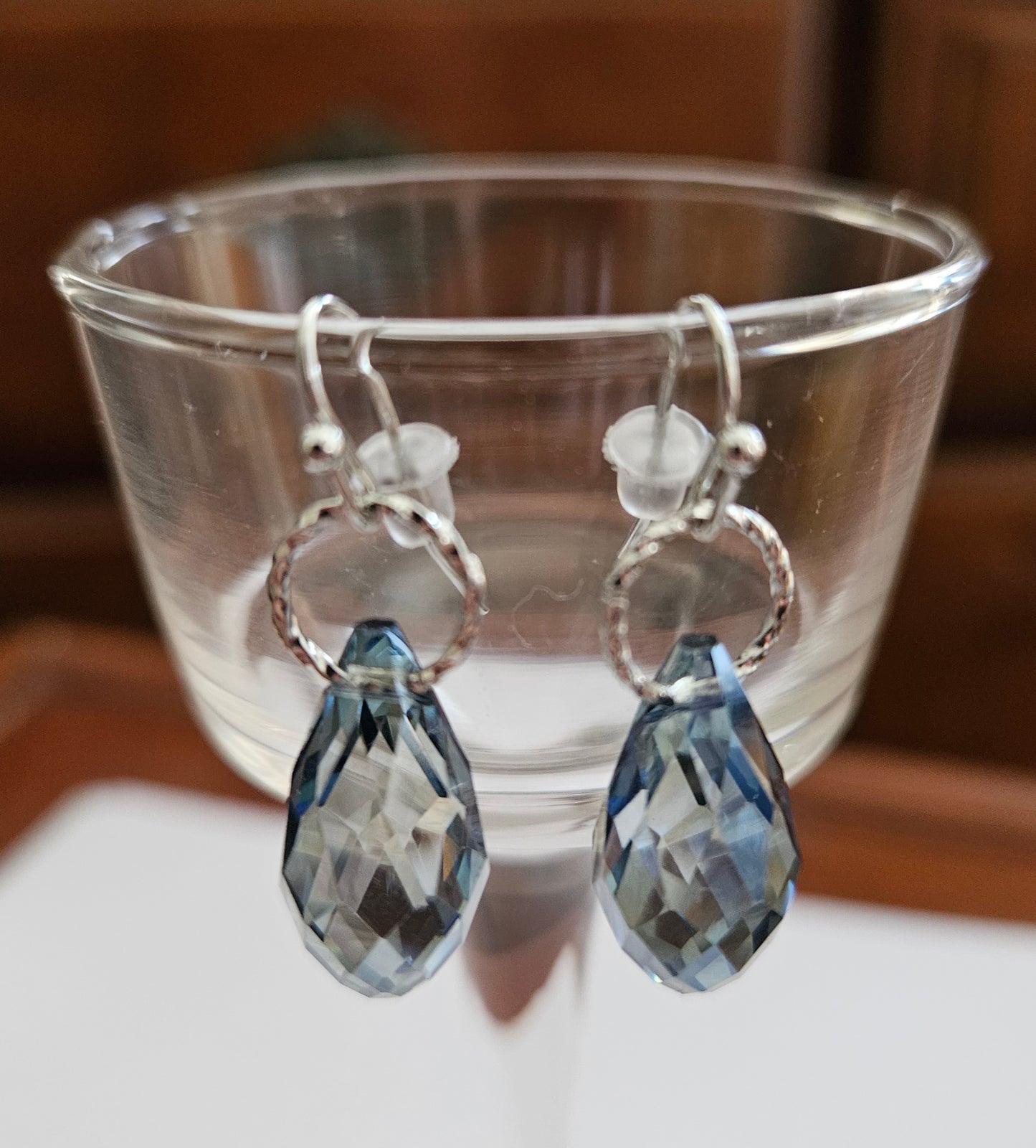 Blue crystal teardrop earrings, French hook, handmade