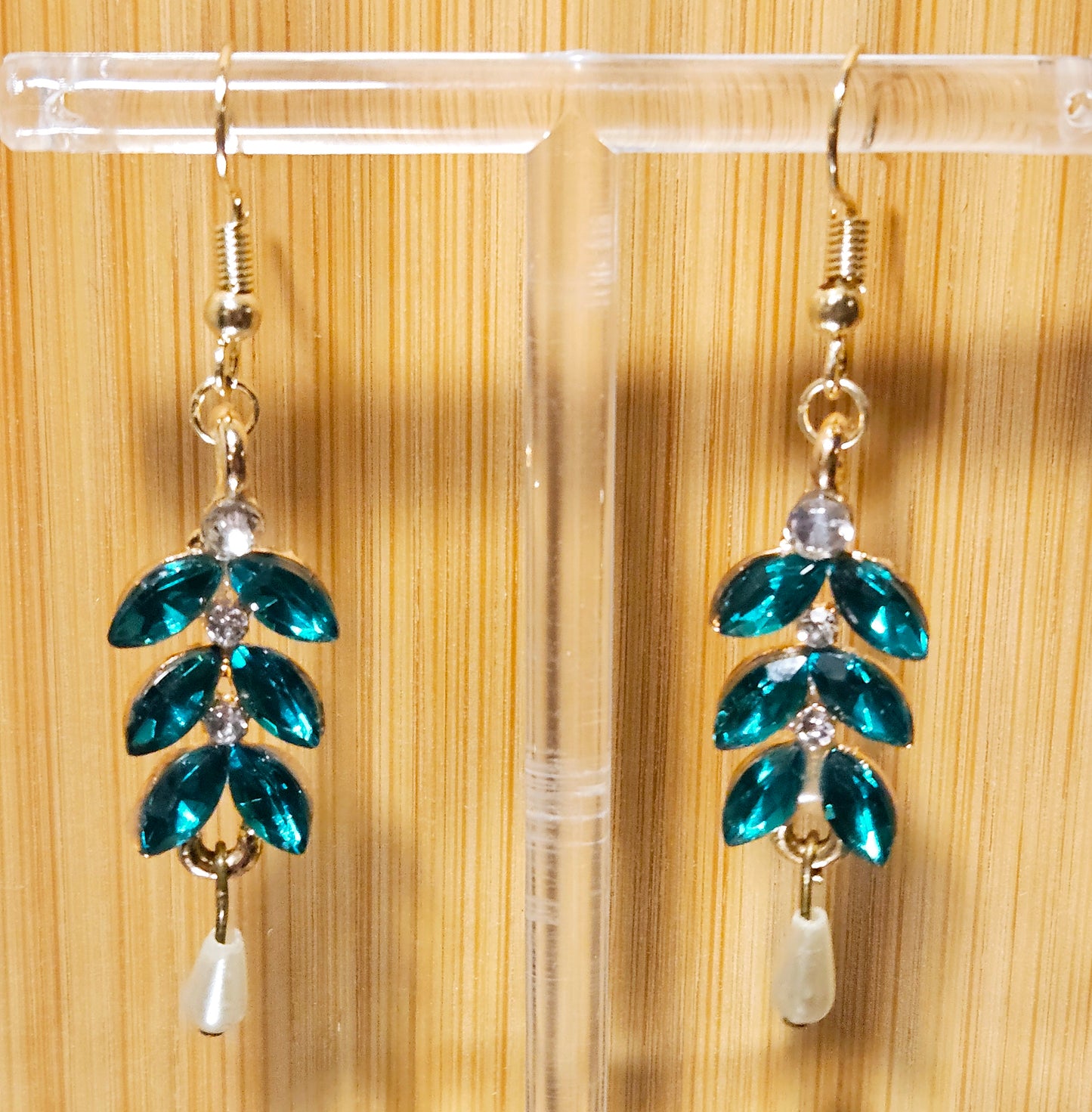 Emerald-green crystal dangle earrings, gold w/ teardrop pearl, French hook, handmade