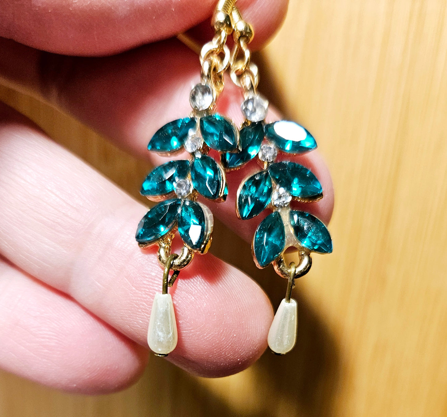 Emerald-green crystal dangle earrings, gold w/ teardrop pearl, French hook, handmade
