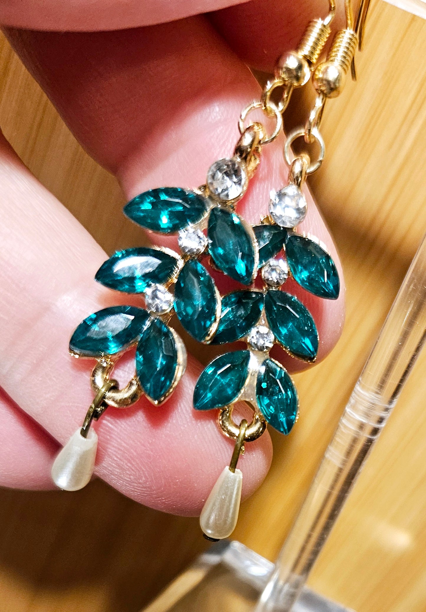 Emerald-green crystal dangle earrings, gold w/ teardrop pearl, French hook, handmade