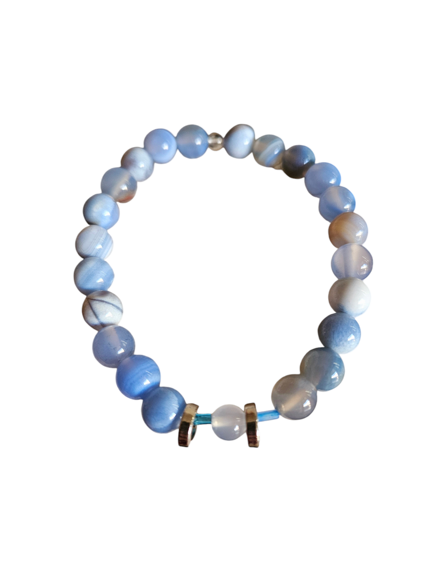 Blue stone bracelet with silver slider spacers, stretch fit, handmade