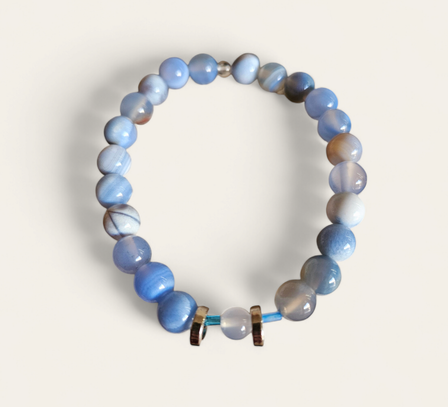 Blue stone bracelet with silver slider spacers, stretch fit, handmade
