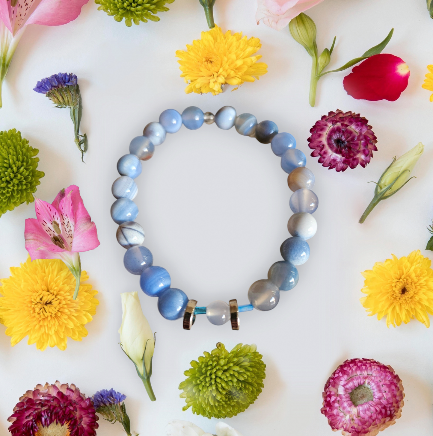 Blue stone bracelet with silver slider spacers, stretch fit, handmade