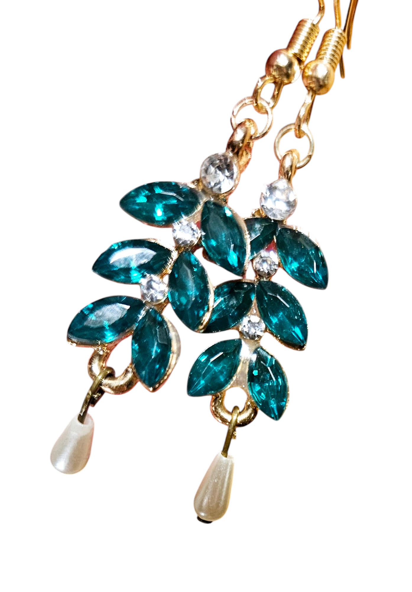 Emerald-green crystal dangle earrings, gold w/ teardrop pearl, French hook, handmade