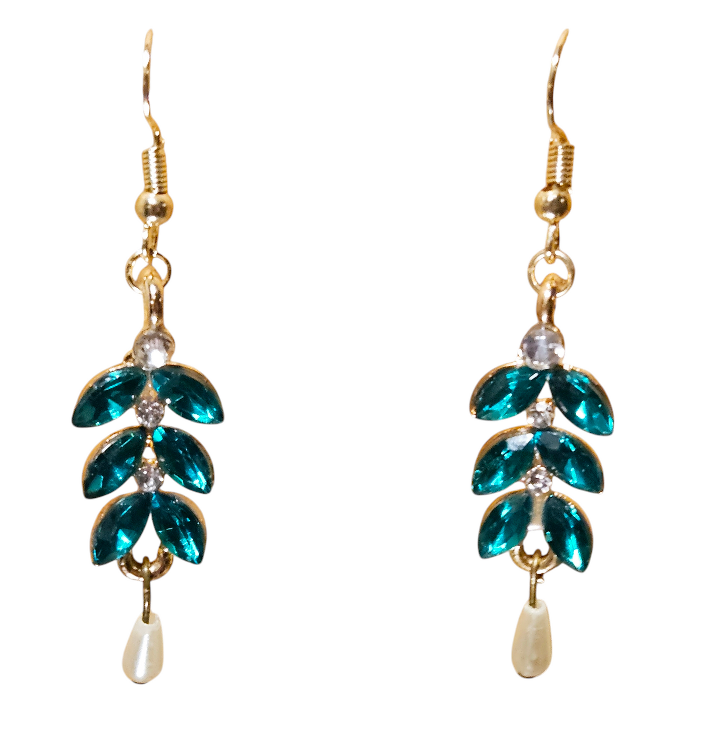 Emerald-green crystal dangle earrings, gold w/ teardrop pearl, French hook, handmade