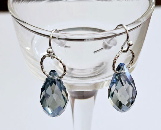 Blue crystal teardrop earrings, French hook, handmade