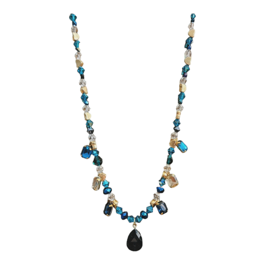 Necklace, blue and green gem charms, gold tone beads, dark blue crystal teardrop charm