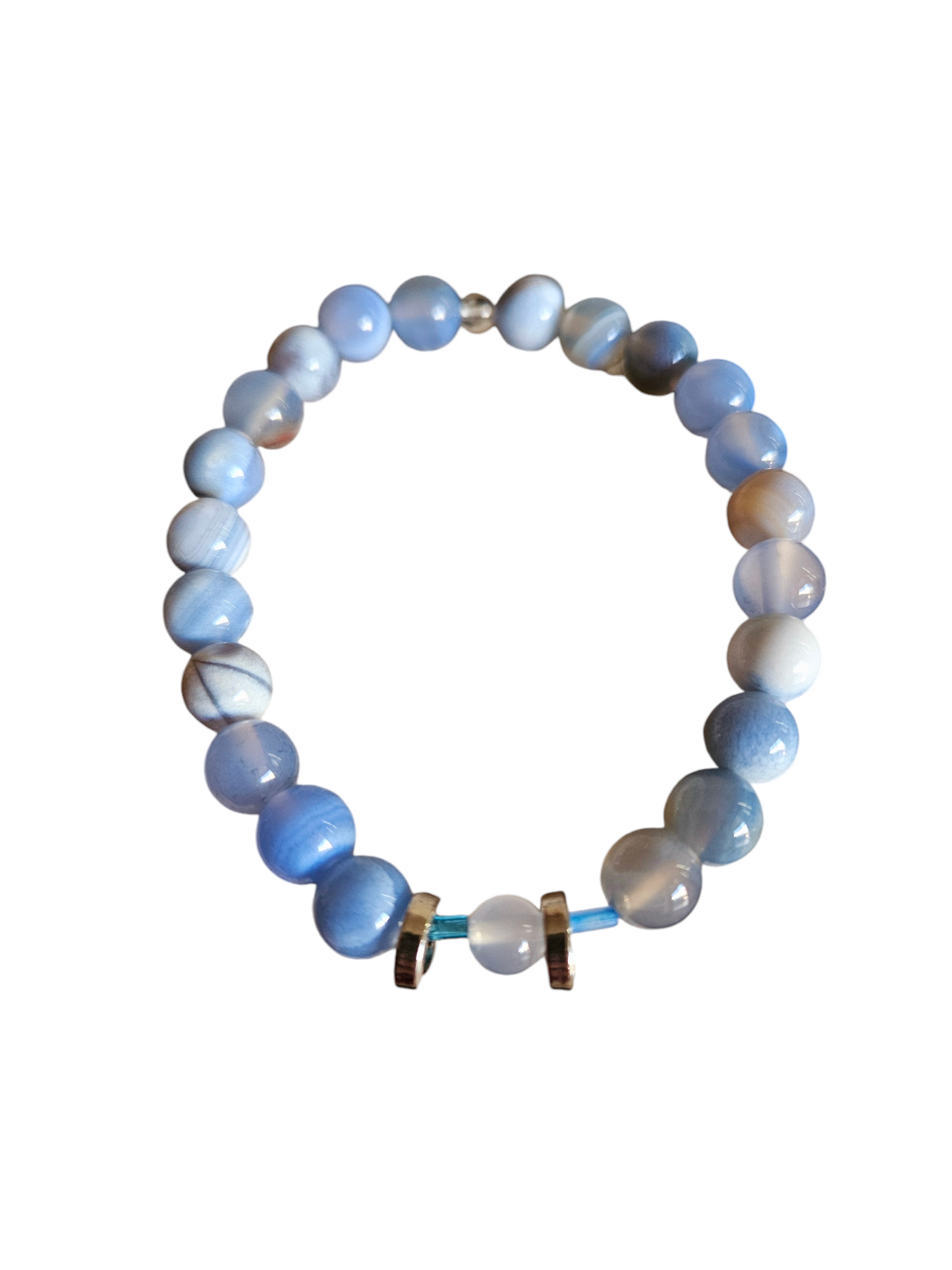 Blue stone bracelet with silver slider spacers, stretch