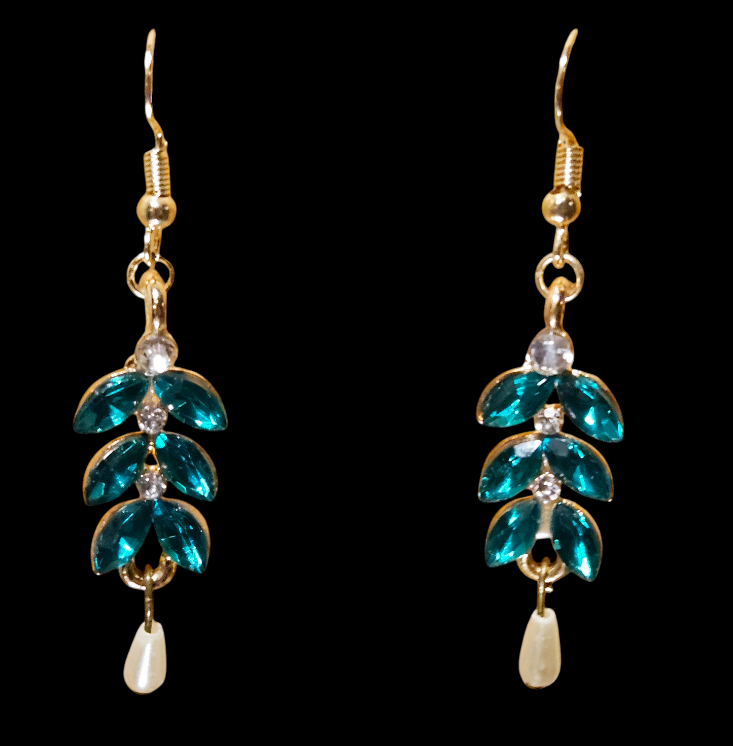 Emerald-green crystal dangle earrings, gold w/ teardrop pearl, French hook, handmade